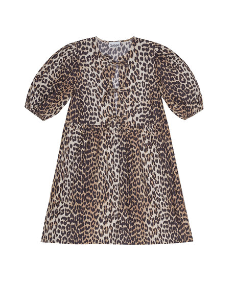 Produktfoto för Ganni - Printed Cotton Tie String Mini Dress - Klänning - Leopard - 36